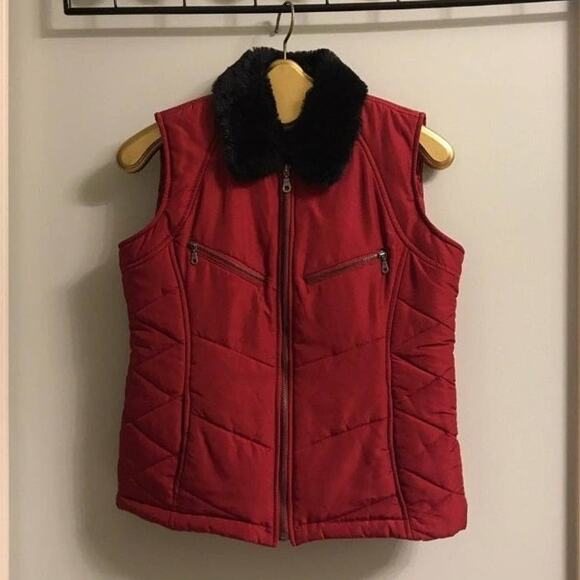ND women’s full zipper Vest jacket  red sz mp sleeveless faux fur collar neck - Picture 1 of 7